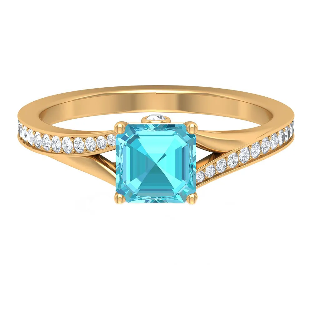 1.50 CT Split Shank Swiss Blue Topaz Solitaire with Diamond Side Stone Ring