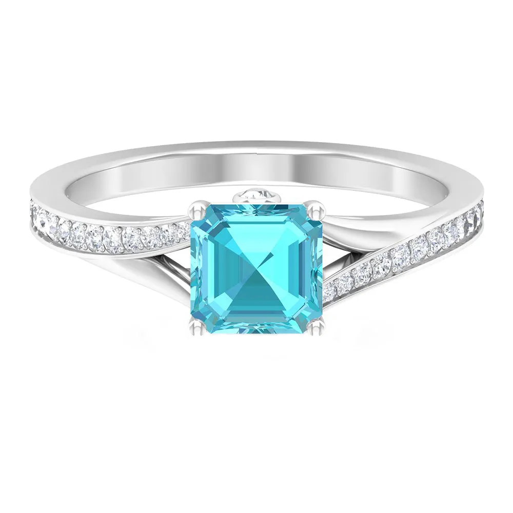 1.50 CT Split Shank Swiss Blue Topaz Solitaire with Diamond Side Stone Ring