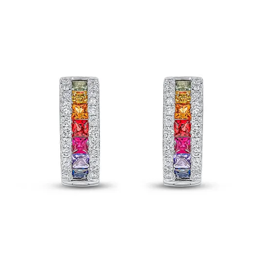 18ct White Gold Square Multi Sapphire & Diamond Huggy Hoop Earrings