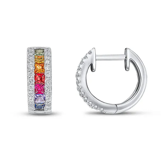 18ct White Gold Square Multi Sapphire & Diamond Huggy Hoop Earrings