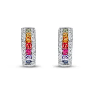 18ct White Gold Square Multi Sapphire & Diamond Huggy Hoop Earrings