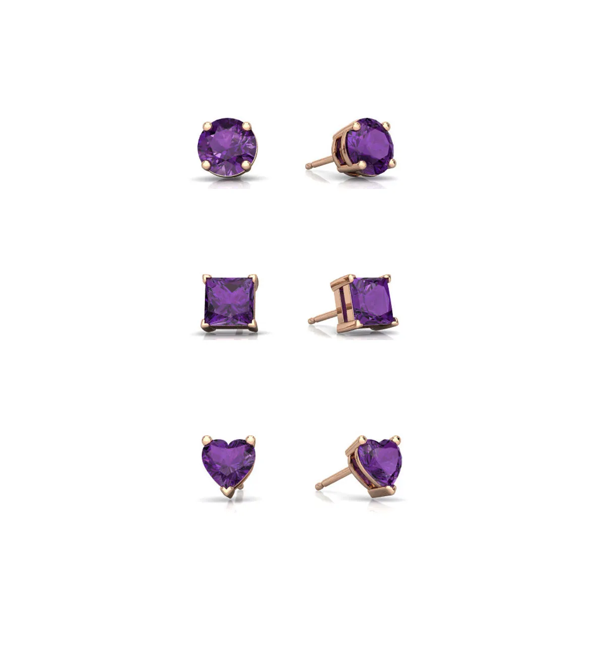 18k Rose Gold Plated 4Cttw Created Amethyst 3 Pair Round, Square and Heart Stud Earrings