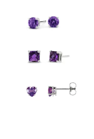 18k White Gold Plated 3Cttw 8mm Created Amethyst 3 Pair Round, Square and Heart Stud Earrings