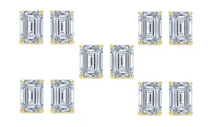 18k Yellow Gold 6mm 2Ct Emerald Cut White Sapphire Set Of Five Stud Earrings Plated