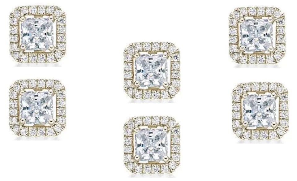 18k Yellow Gold Plated 1/2Ct Princess Cut White Sapphire Set of Three Halo Stud Earrings