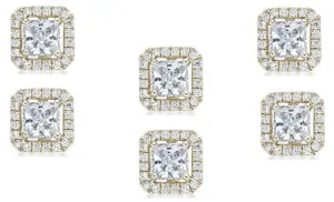 18k Yellow Gold Plated 1/2Ct Princess Cut White Sapphire Set of Three Halo Stud Earrings