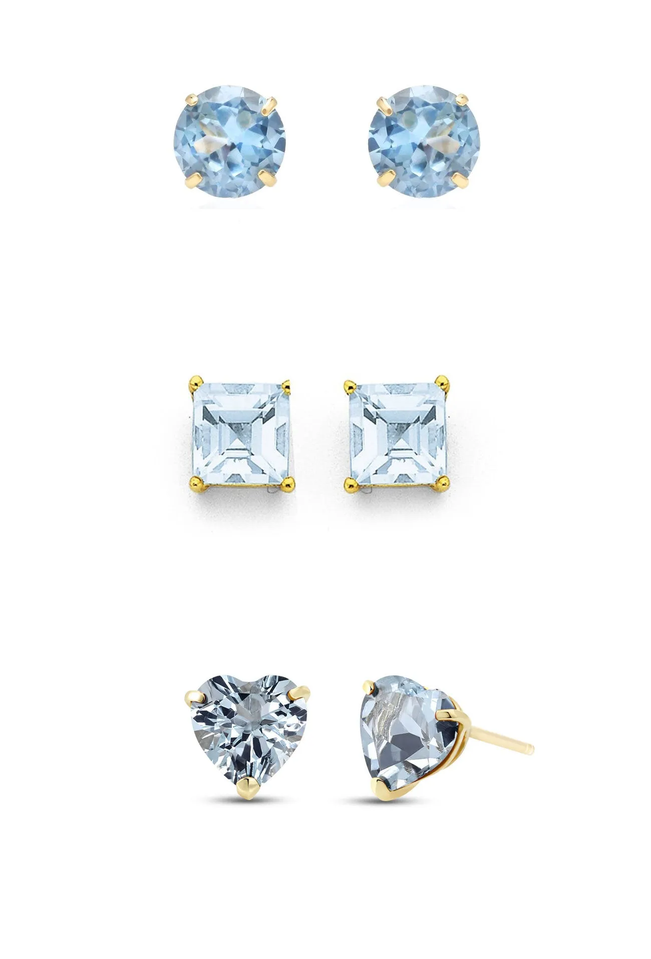 18k Yellow Gold Plated 1Cttw 7mm Created Aquamarine 3 Pair Round, Square and Heart Stud Earrings