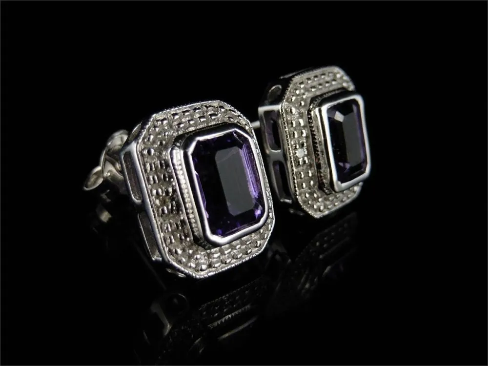 1Ct Emerald Cut Amethyst & Diamond Stunning Silver Earrings