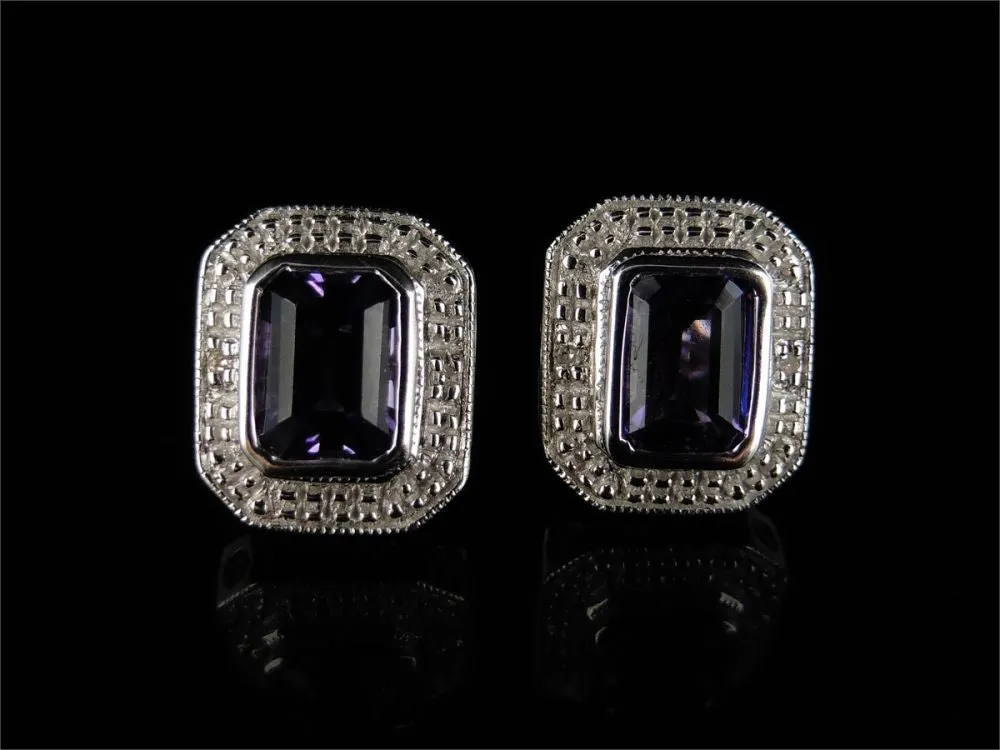 1Ct Emerald Cut Amethyst & Diamond Stunning Silver Earrings