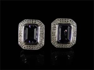 1Ct Emerald Cut Amethyst & Diamond Stunning Silver Earrings