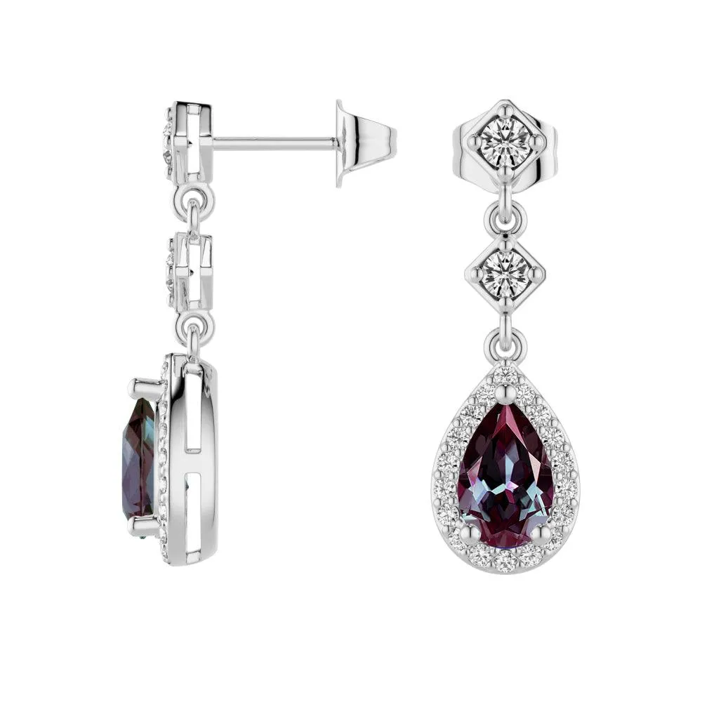 2 Ctw Pear Shaped Alexandrite Moissanite Pave Drop Earrings