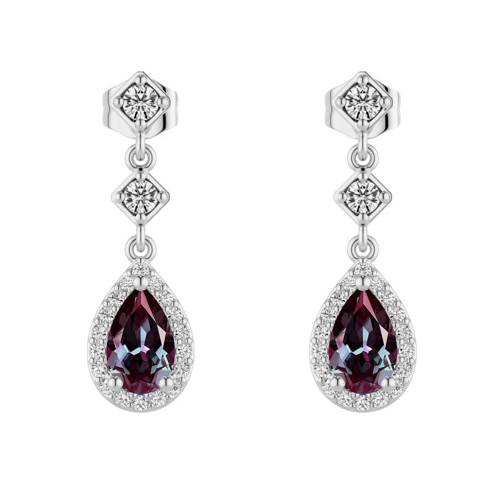 2 Ctw Pear Shaped Alexandrite Moissanite Pave Drop Earrings