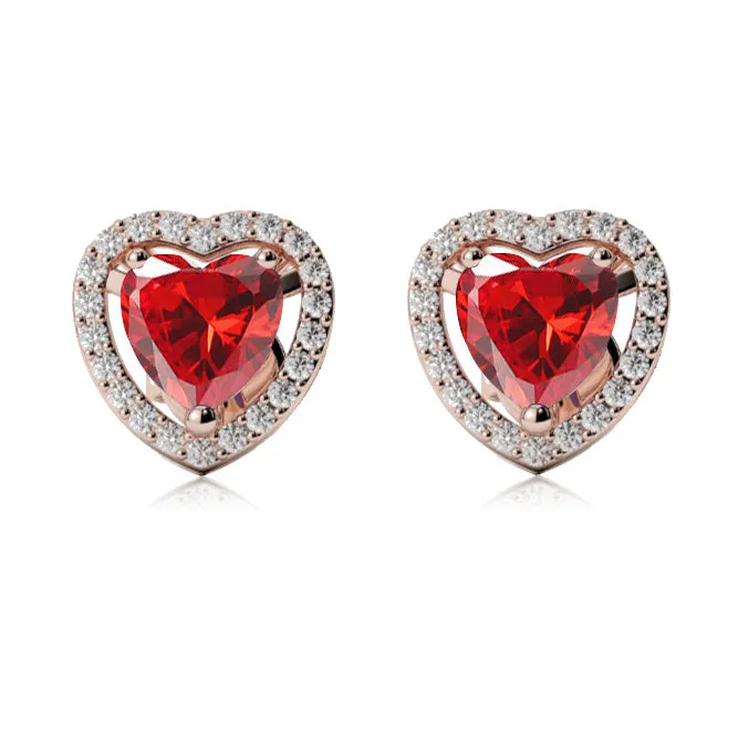 24k Rose Gold Plated 3 Ct Created Halo Heart Ruby Stud Earrings