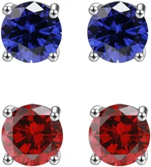 24k White Gold Plated 2Ct Created Blue sapphire and  Ruby 2 Pair Round Stud Earrings