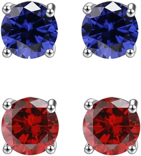 24k White Gold Plated 2Ct Created Blue sapphire and  Ruby 2 Pair Round Stud Earrings