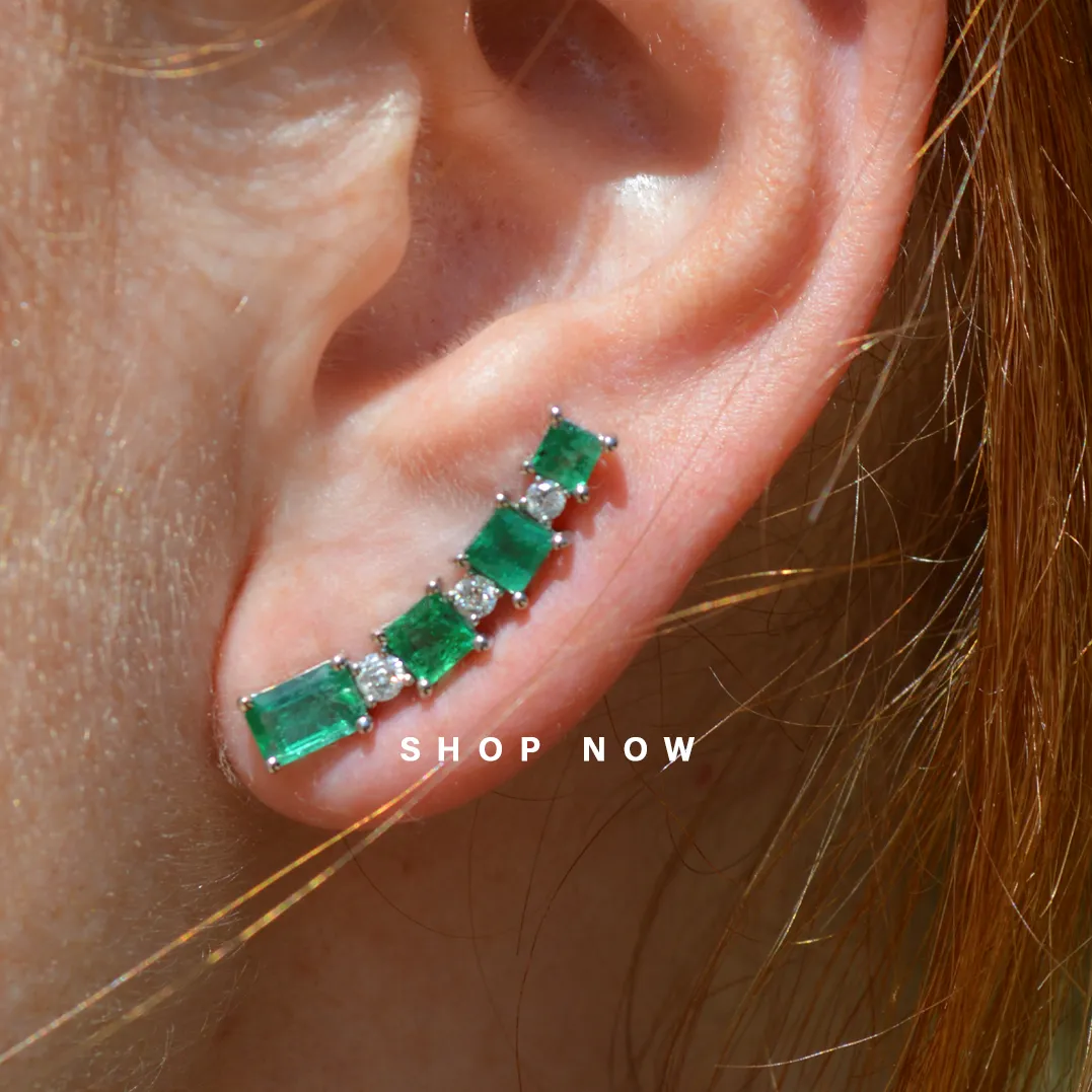 2.99ct Diamond Emerald 18K Gold Climber Earrings