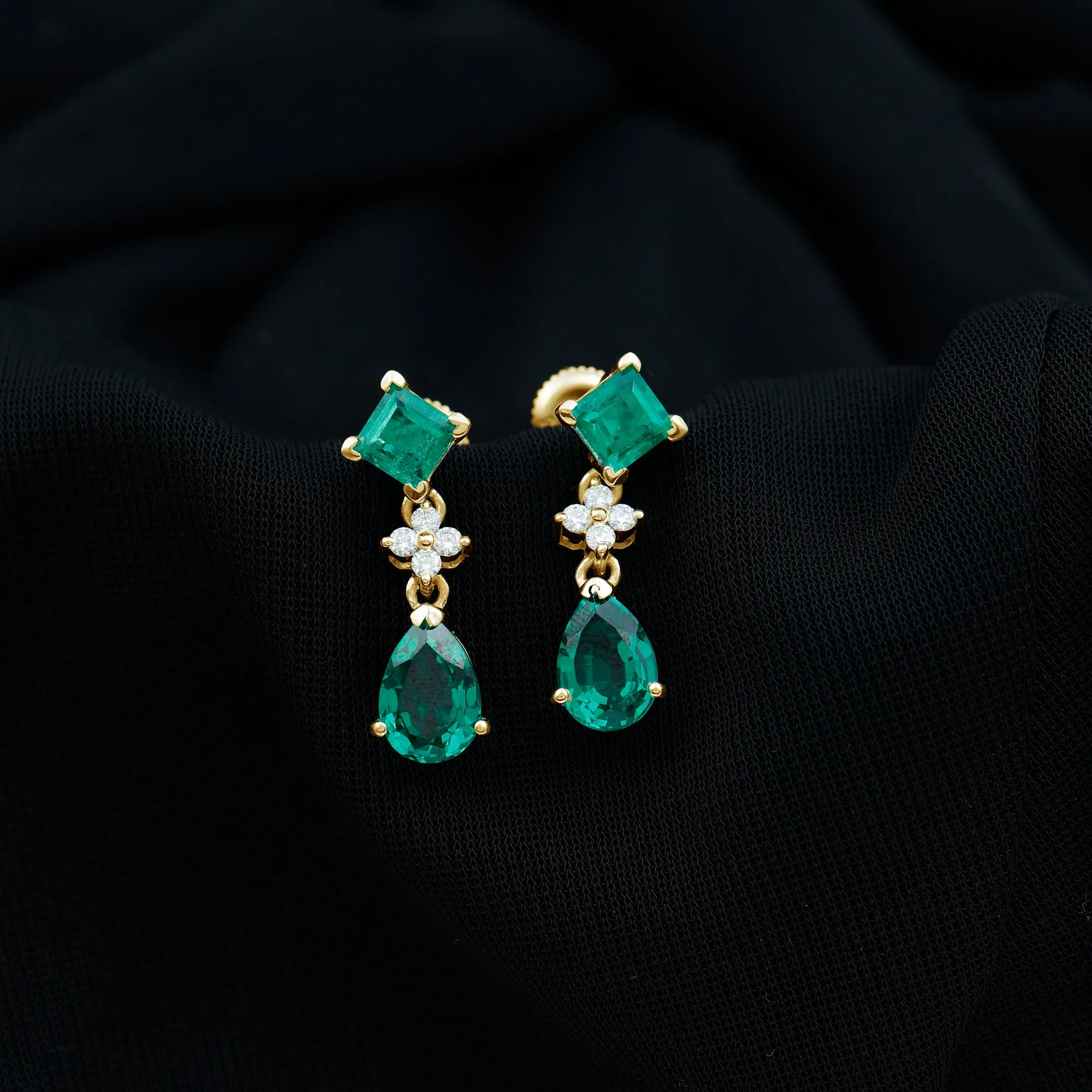 3.5 CT Created Emerald and Moissanite Bridal Dangle Earrings in Gold