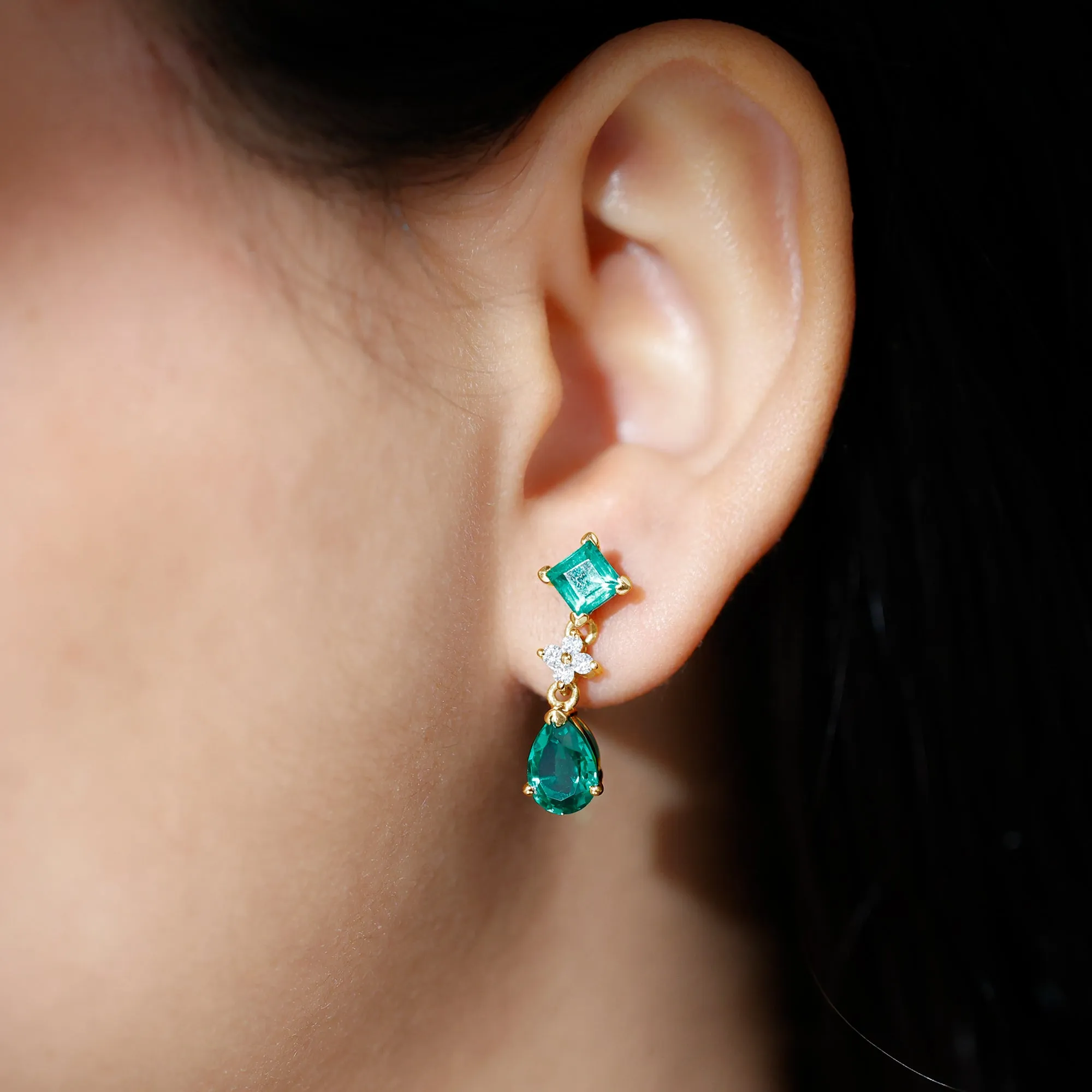 3.5 CT Created Emerald and Moissanite Bridal Dangle Earrings in Gold