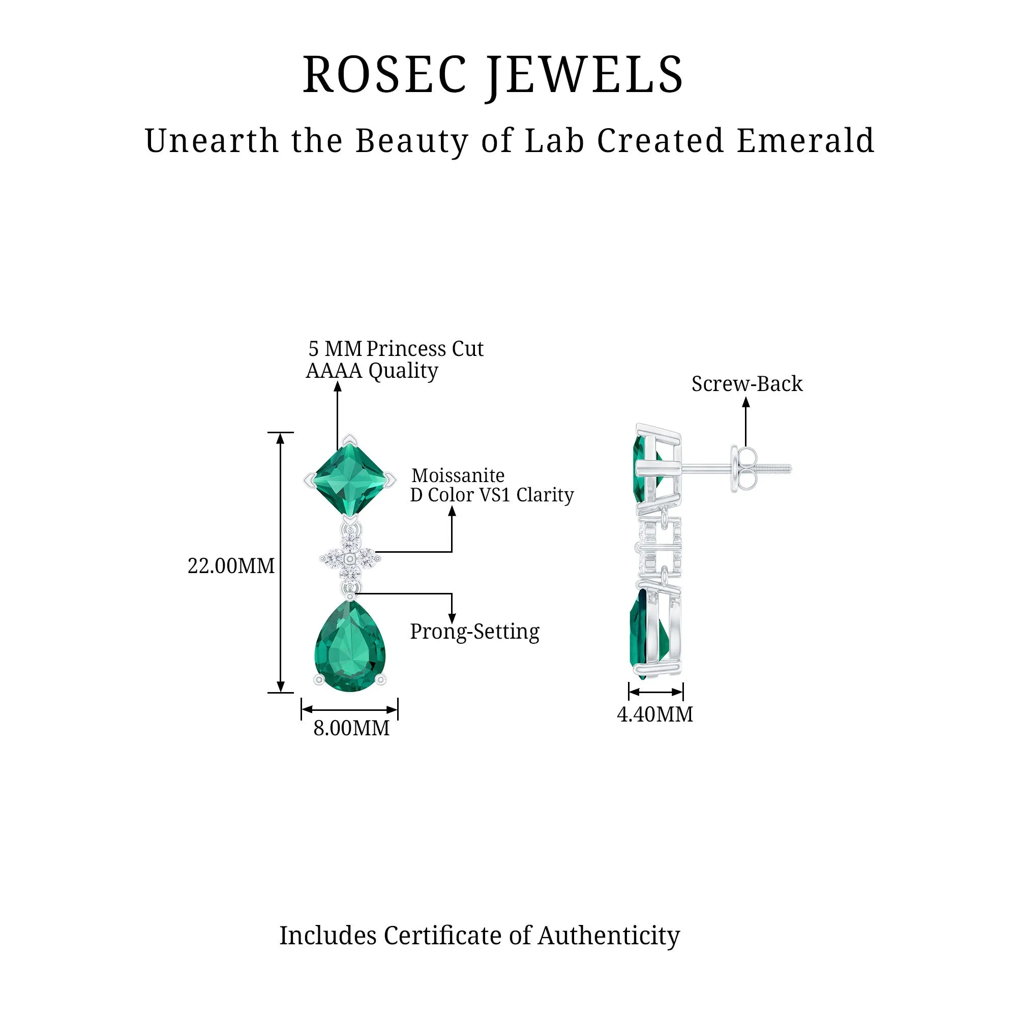 3.5 CT Created Emerald and Moissanite Bridal Dangle Earrings in Gold