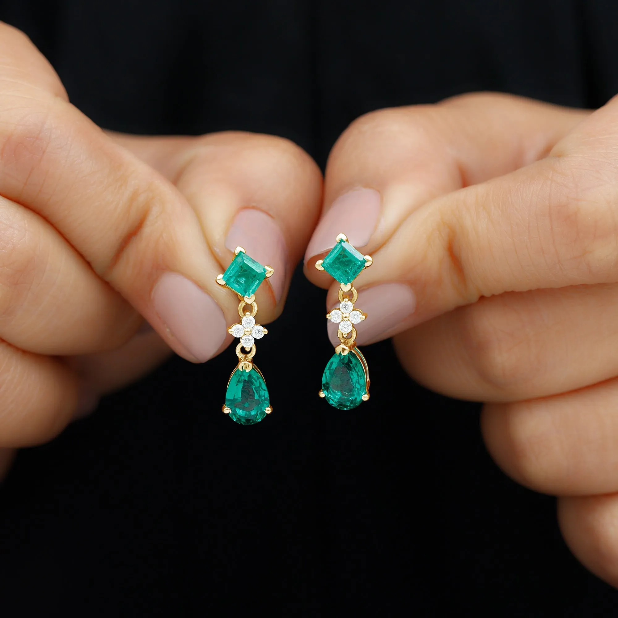 3.5 CT Created Emerald and Moissanite Bridal Dangle Earrings in Gold