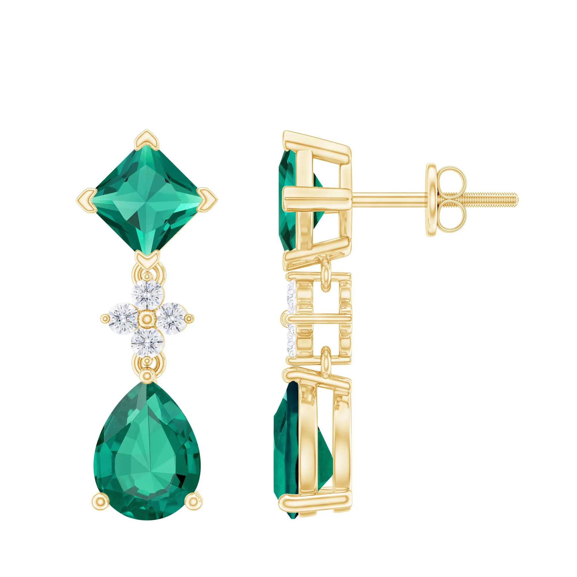 3.5 CT Created Emerald and Moissanite Bridal Dangle Earrings in Gold