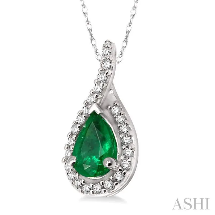 6x4MM Pear Shape Emerald and 1/10 Ctw Round Cut Diamond Pendant in 14K White Gold with Chain