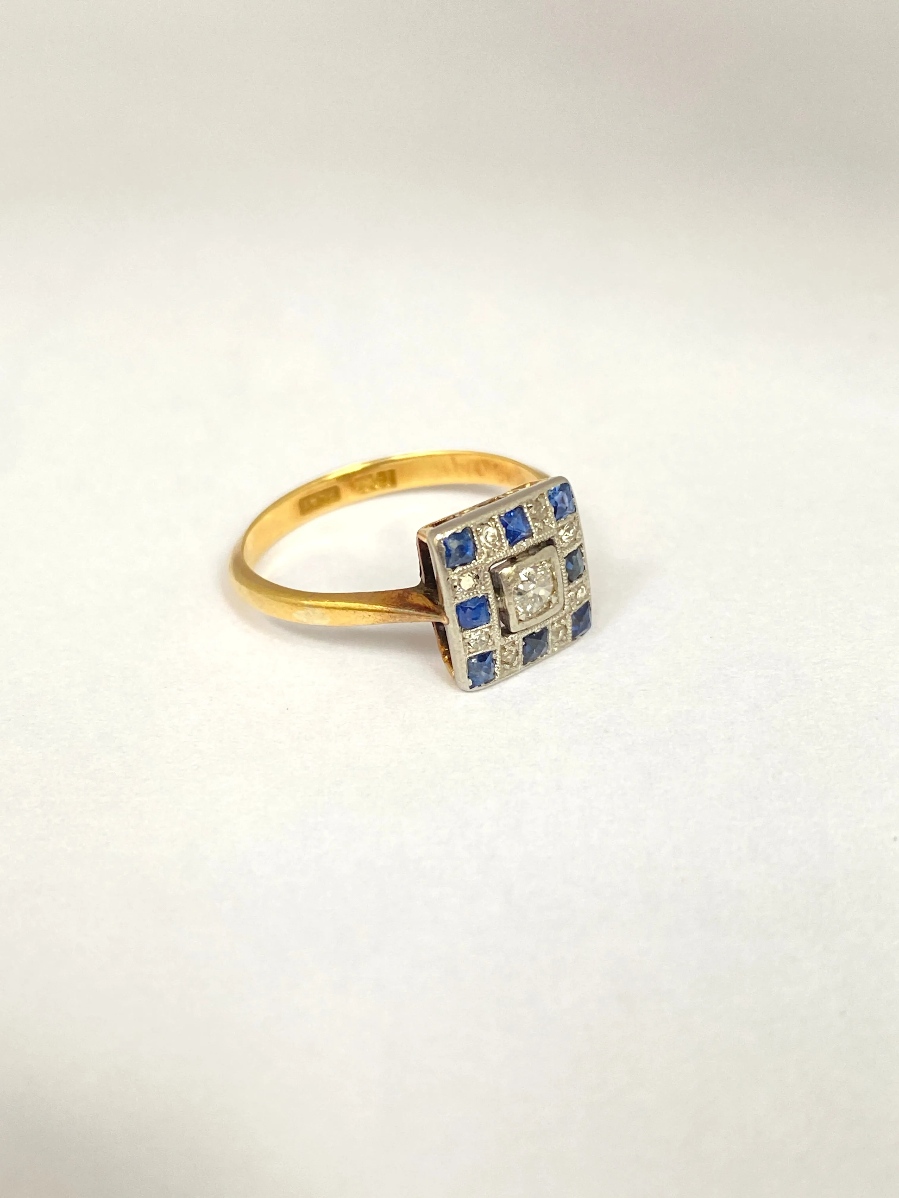 Art Deco 18ct Gold, Sapphire & Diamond Square Checkerboard Ring