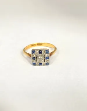 Art Deco 18ct Gold, Sapphire & Diamond Square Checkerboard Ring