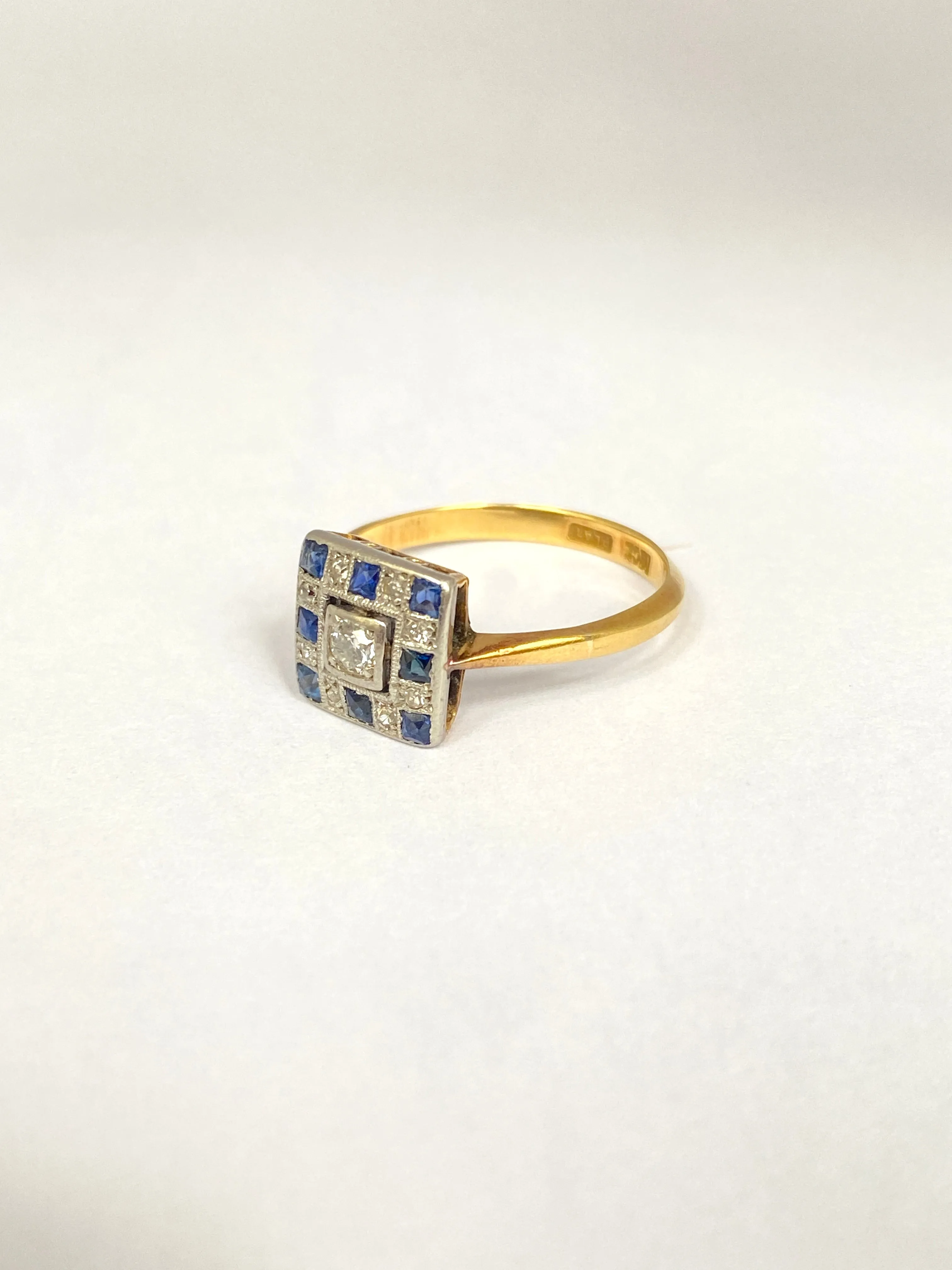 Art Deco 18ct Gold, Sapphire & Diamond Square Checkerboard Ring