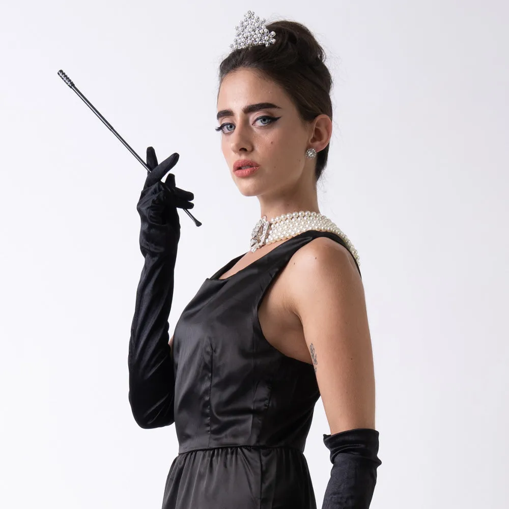 Audrey in a Bag- Premium Quality Iconic Holly Golightly Audrey Hepburn Complete Black Satin Dress Costume Set