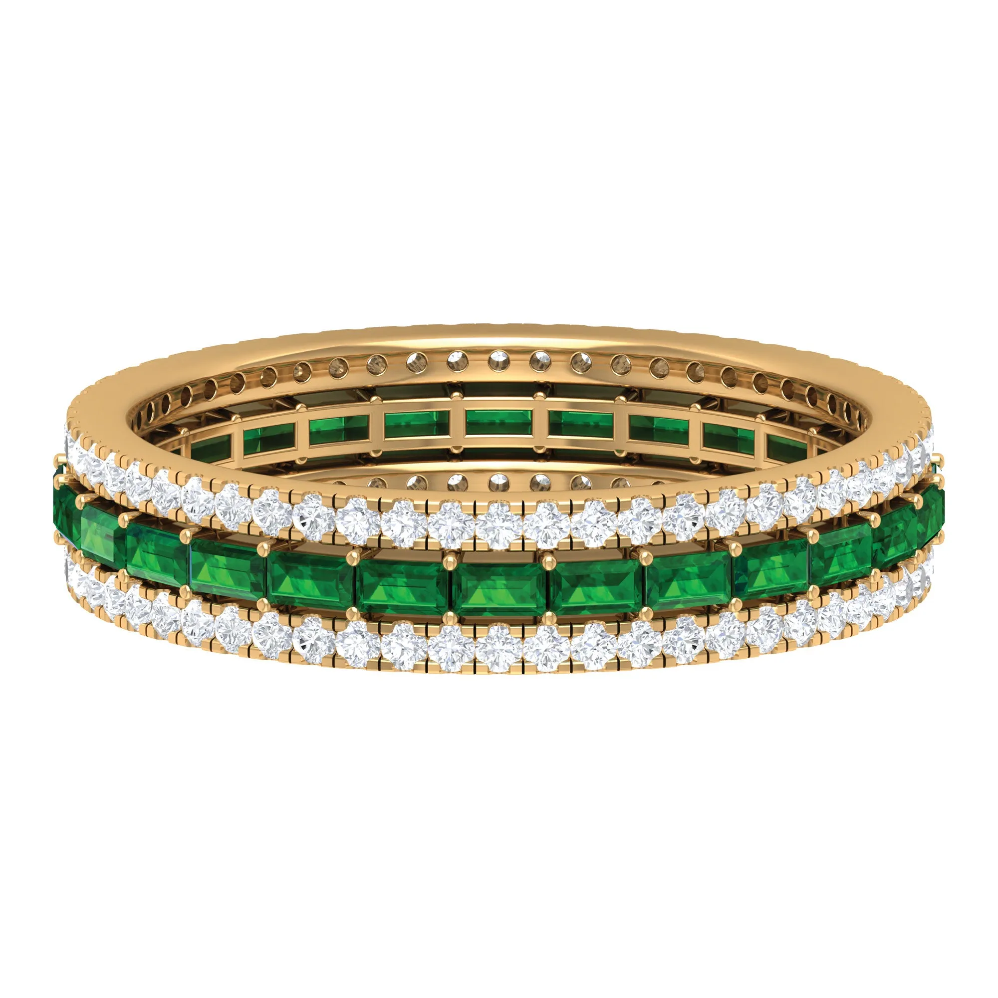 Baguette Cut Lab Grown Emerald and Moissanite Wedding Band