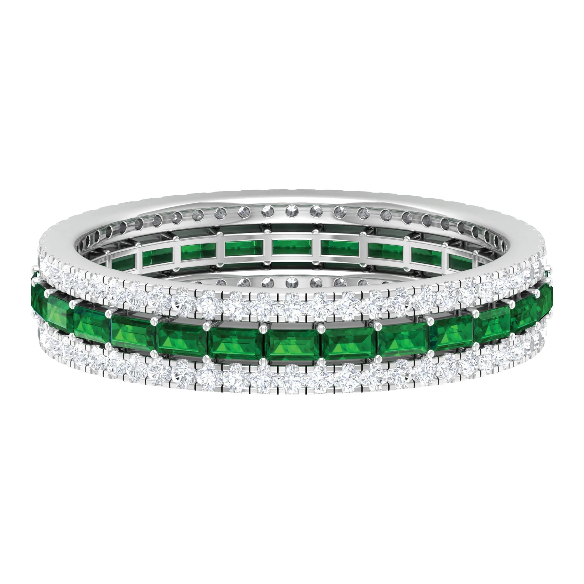 Baguette Cut Lab Grown Emerald and Moissanite Wedding Band