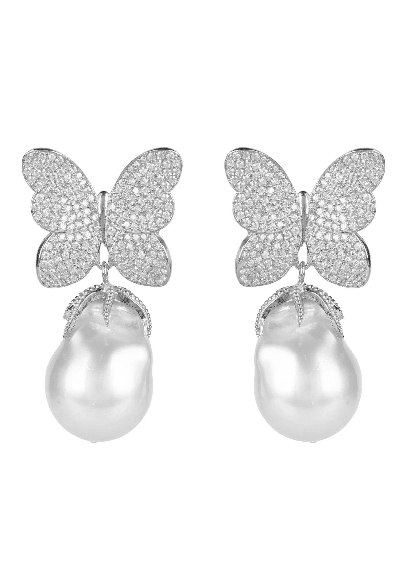 Baroque Pearl White Butterfly Earrings Silver