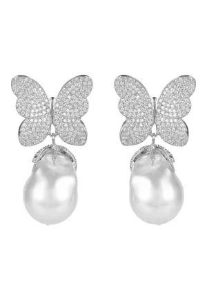 Baroque Pearl White Butterfly Earrings Silver