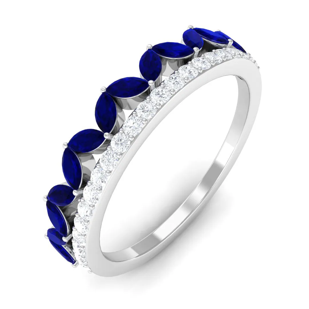 Blue Sapphire and Diamond Crown Style Half Eternity Ring