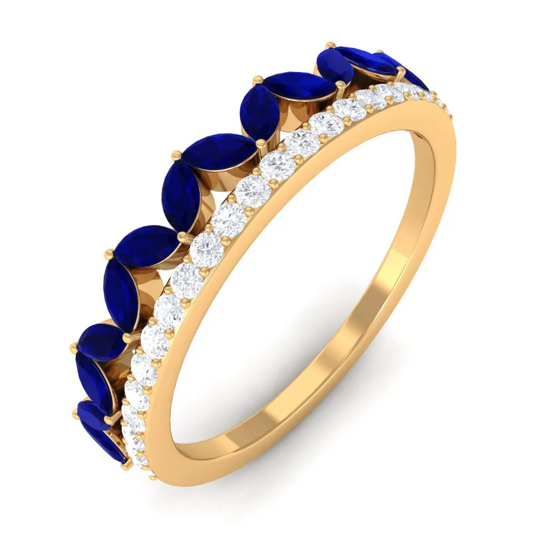 Blue Sapphire and Diamond Crown Style Half Eternity Ring