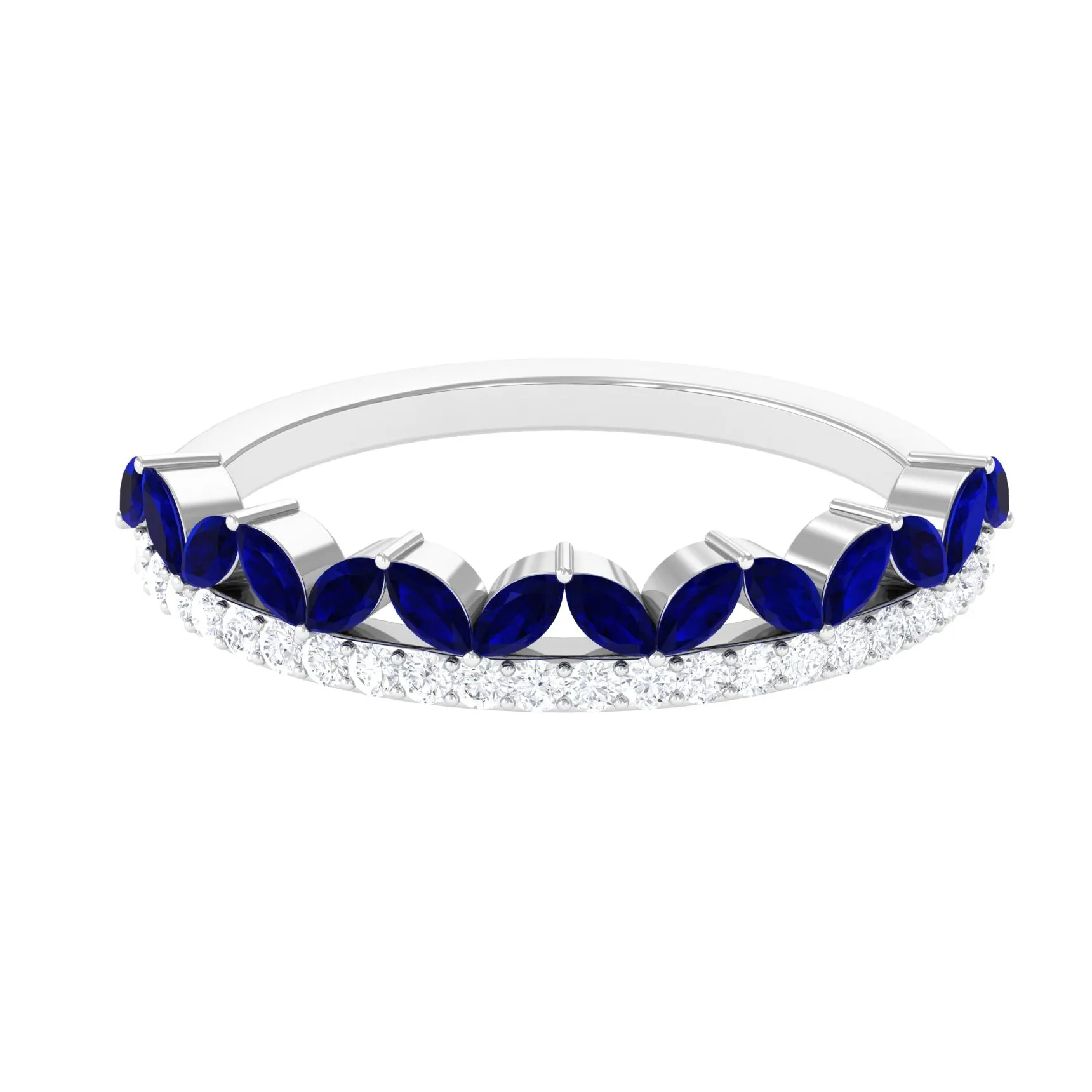 Blue Sapphire and Diamond Crown Style Half Eternity Ring