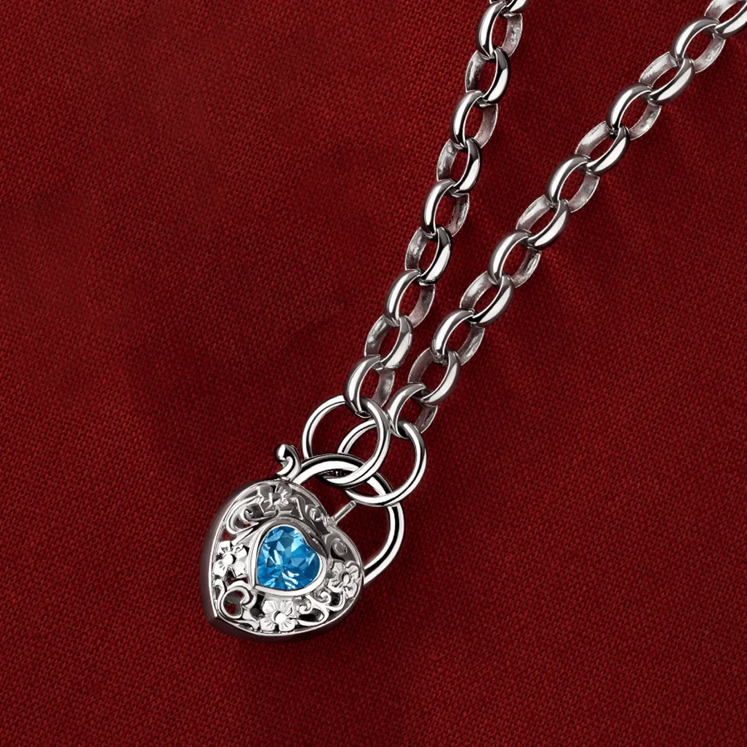 Blue Topaz Filigree Heart Padlock Necklace in Sterling Silver