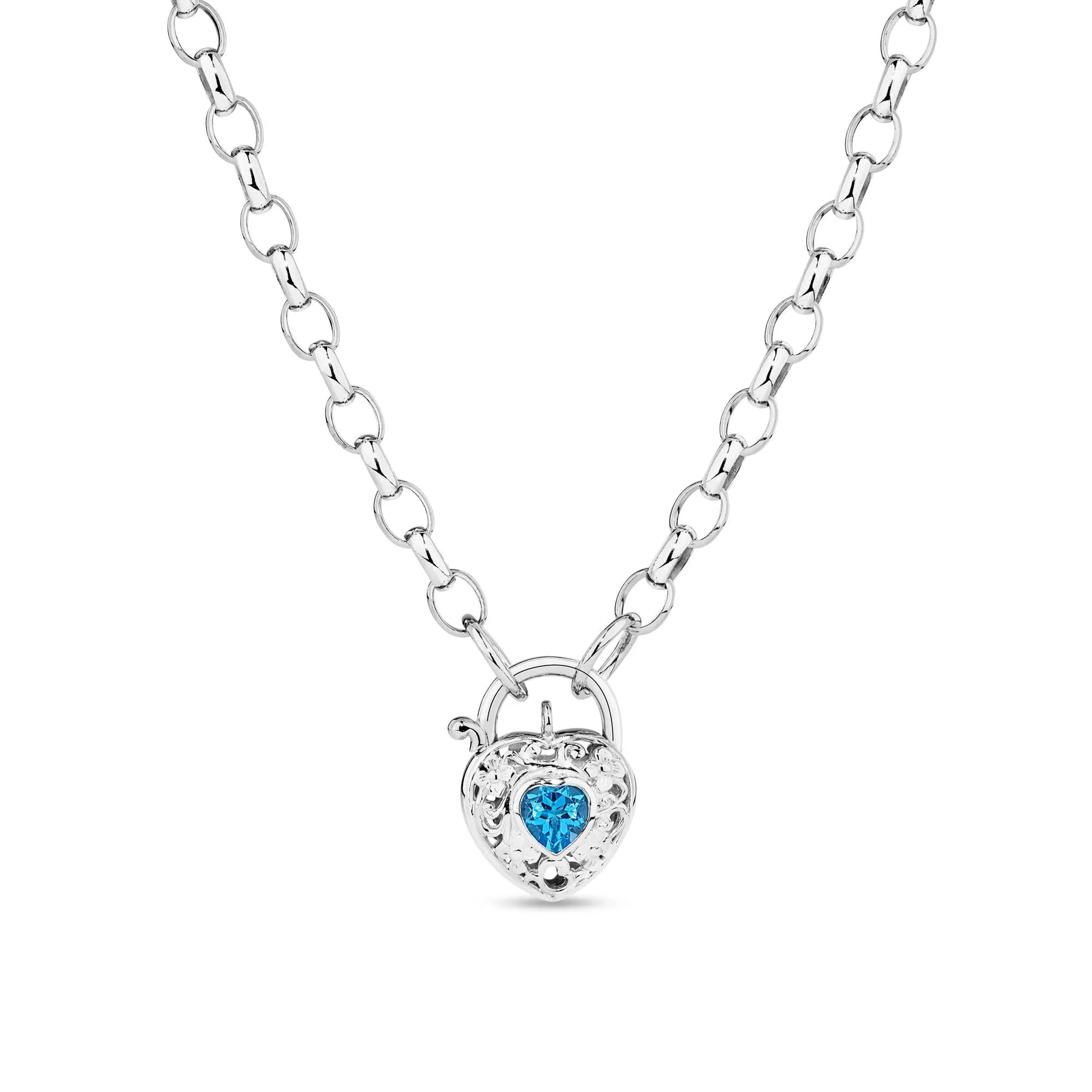 Blue Topaz Filigree Heart Padlock Necklace in Sterling Silver