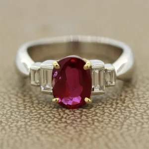 Burmese Ruby Diamond Platinum Ring, GIA Certified Unheated