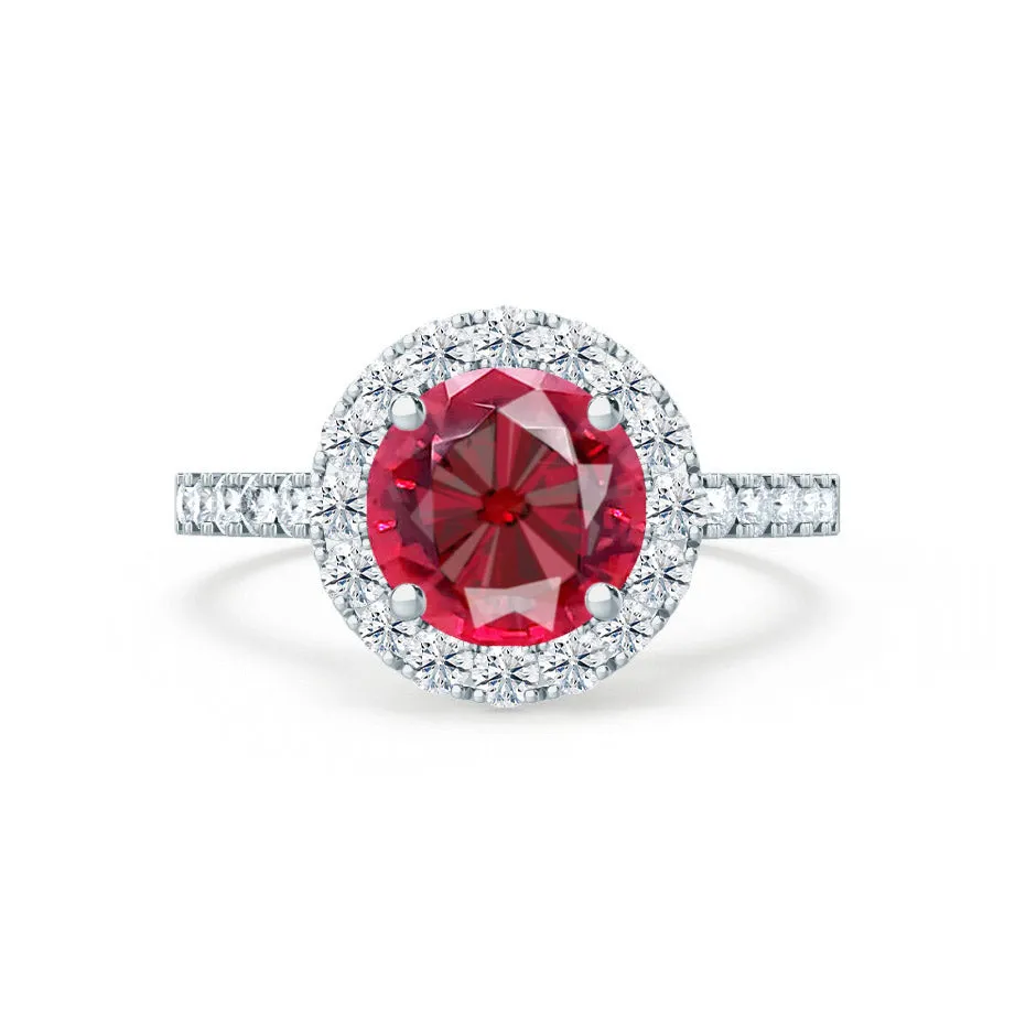 CECILY - Chatham® Lab Grown Red Ruby & Diamond 18k White Gold Halo Ring