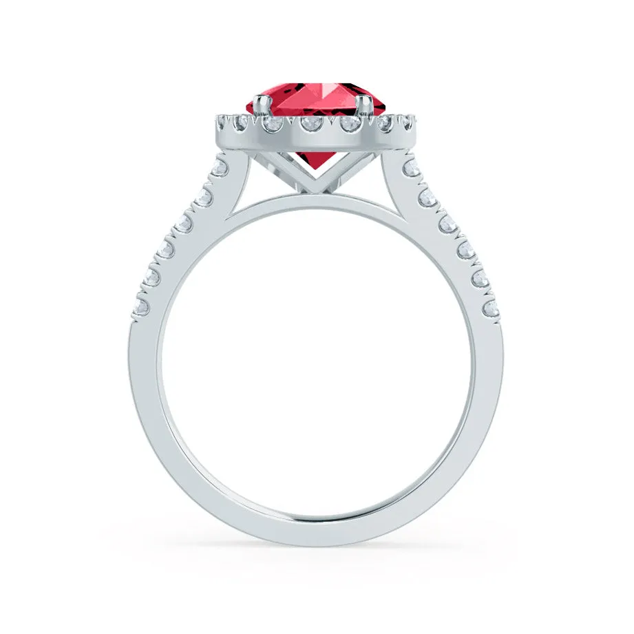 CECILY - Chatham® Lab Grown Red Ruby & Diamond Platinum Halo Ring