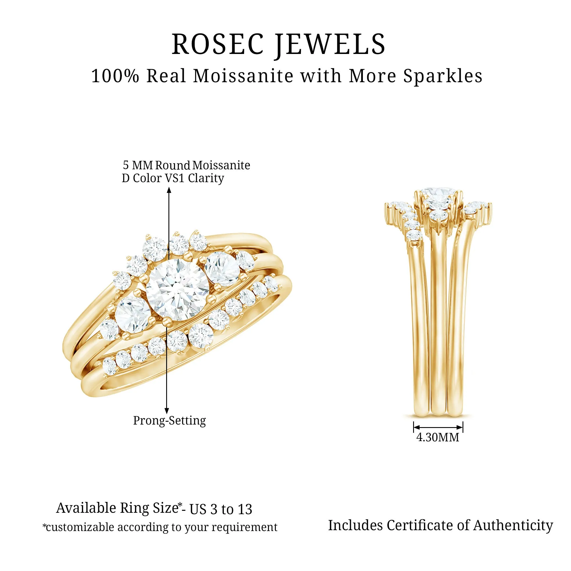 Certified Moissanite Trio Bridal Ring Set