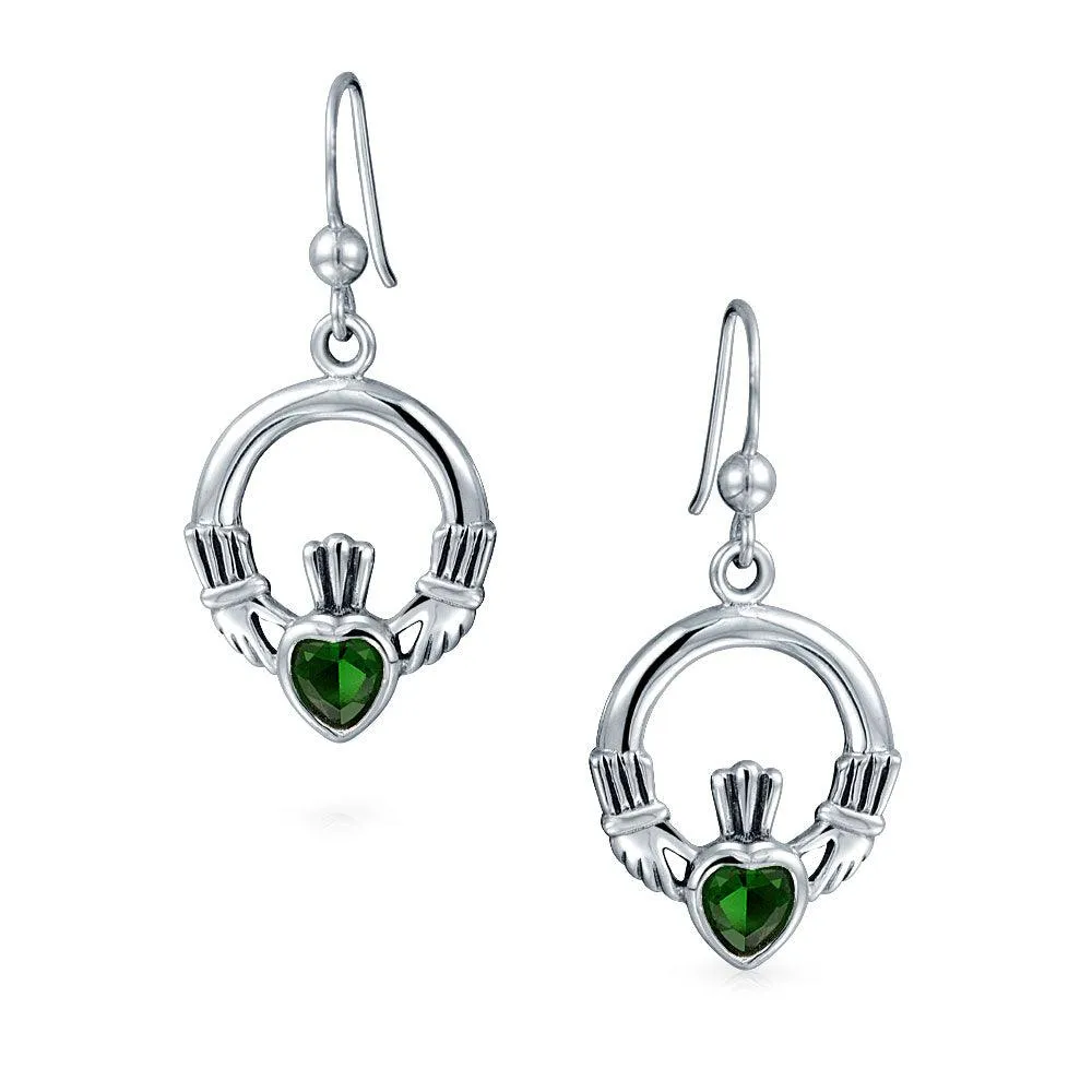 Claddagh Celtic Red Green Heart Dangle Earrings Imitation Garnet Emerald .925 Silver