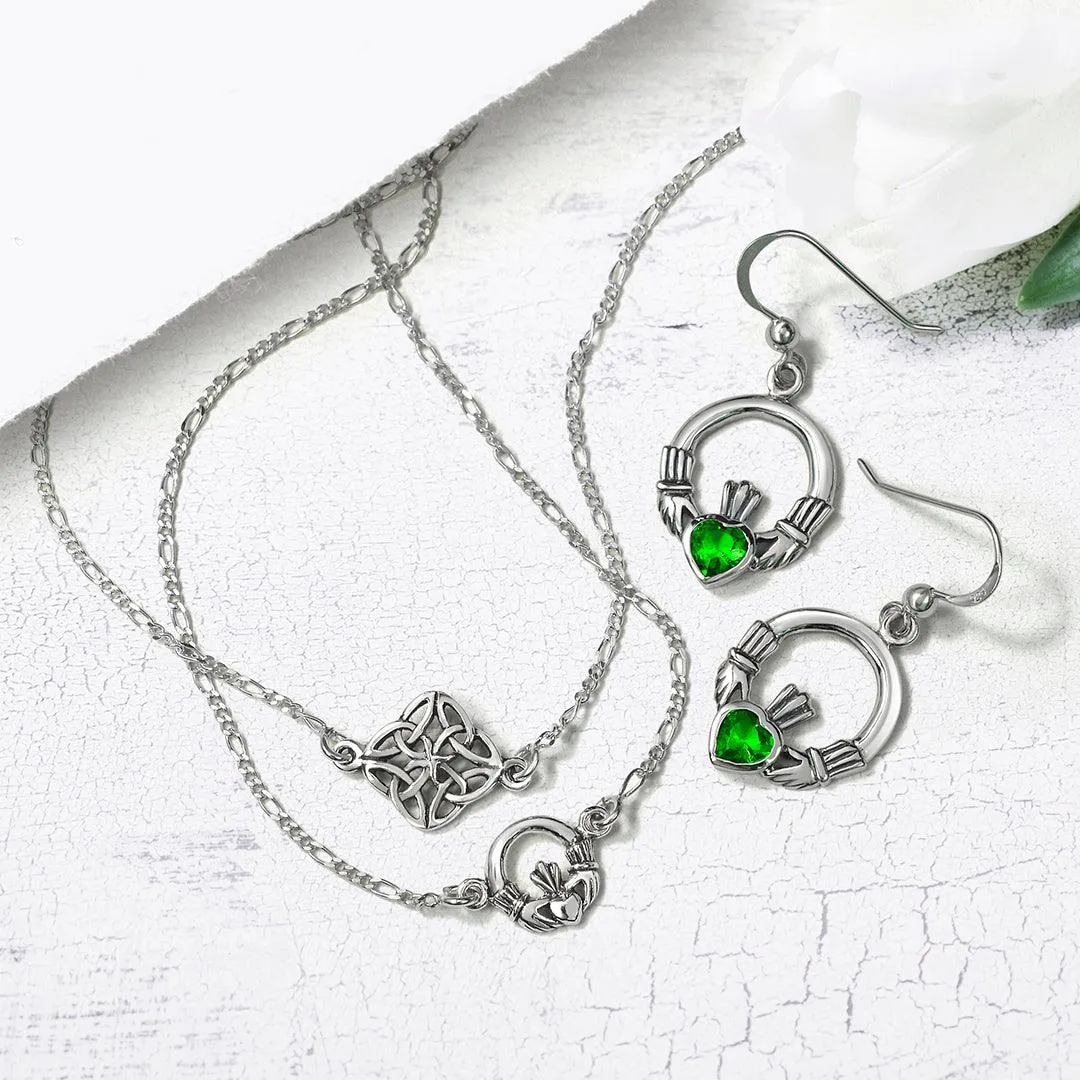 Claddagh Celtic Red Green Heart Dangle Earrings Imitation Garnet Emerald .925 Silver