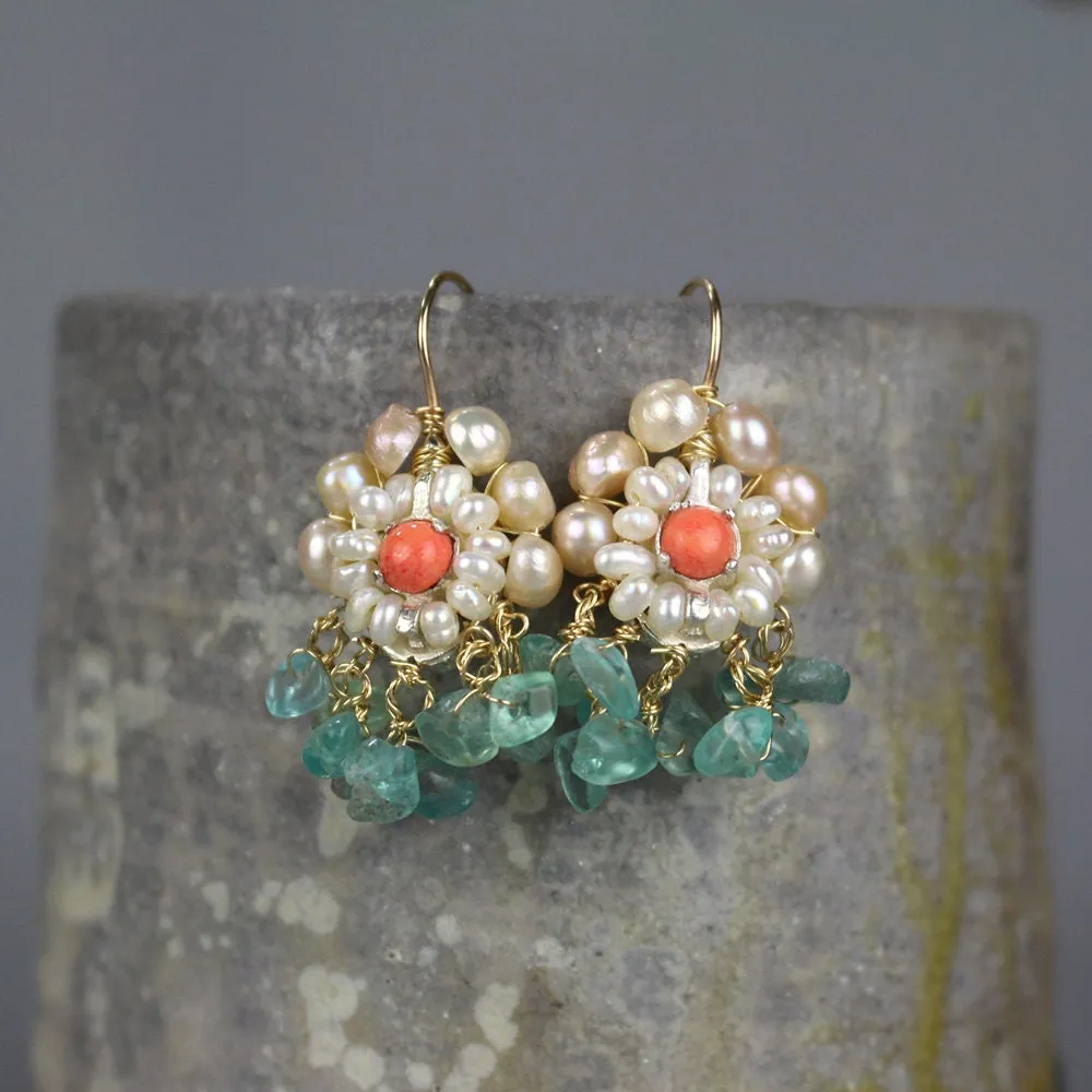 Coral Apatite Pearls Cherkes Earrings