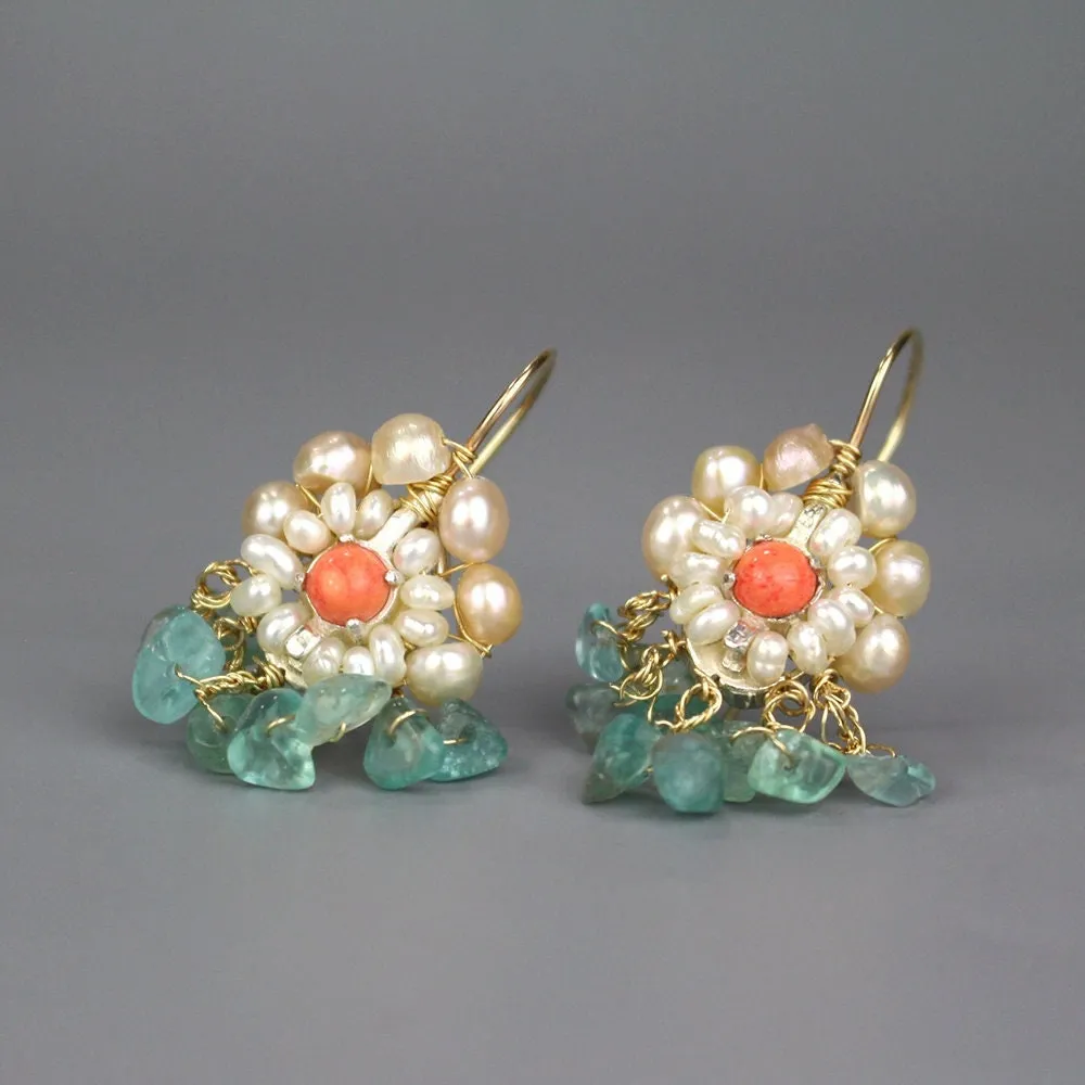 Coral Apatite Pearls Cherkes Earrings