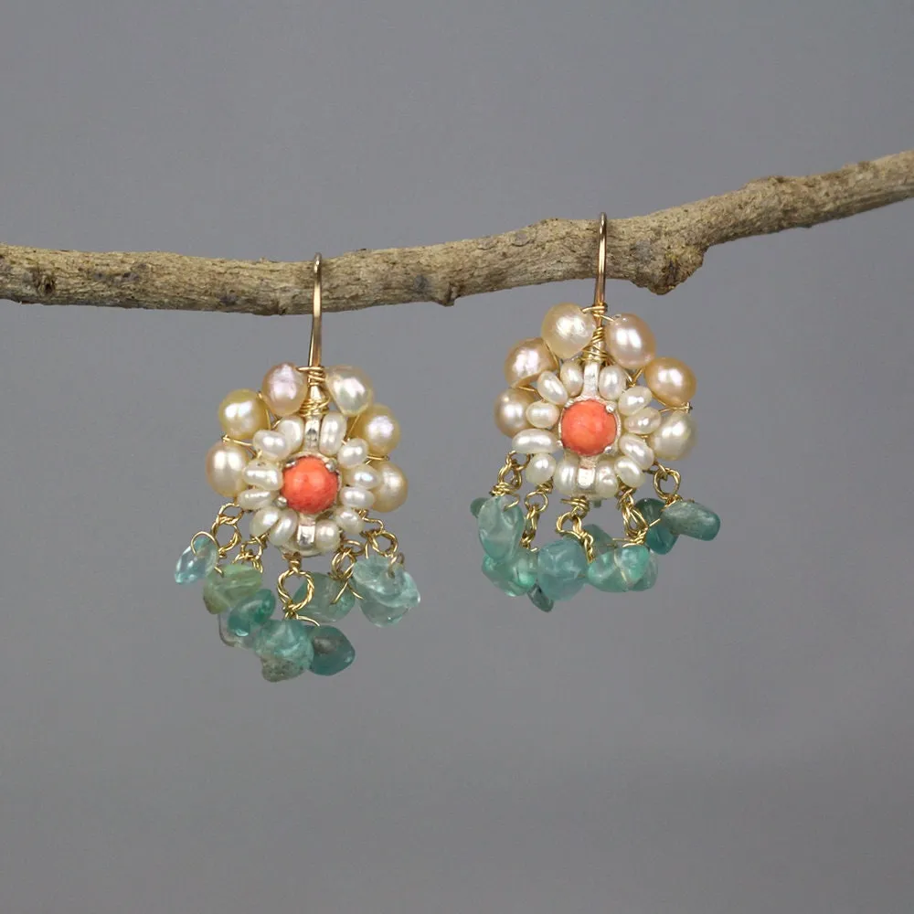 Coral Apatite Pearls Cherkes Earrings