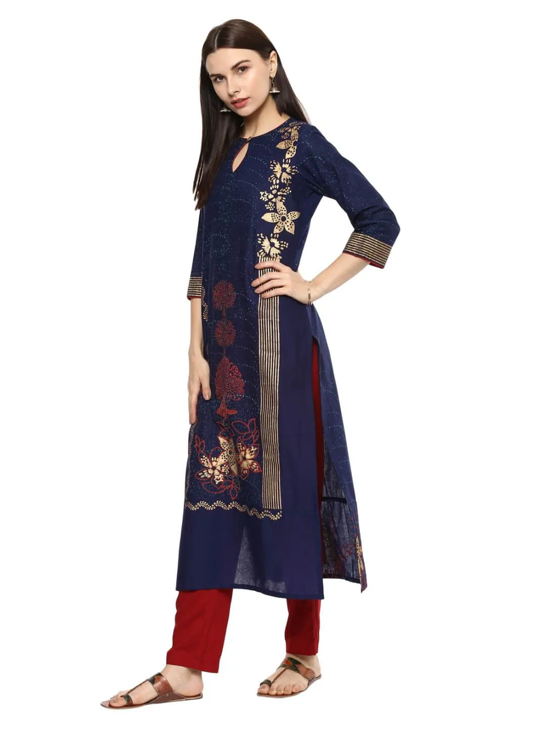 Coral Blue Ajrakh Hand Block Cotton Printed Kurta - Noor