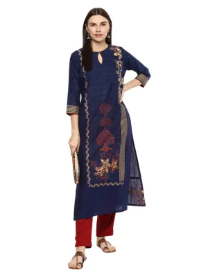 Coral Blue Ajrakh Hand Block Cotton Printed Kurta - Noor